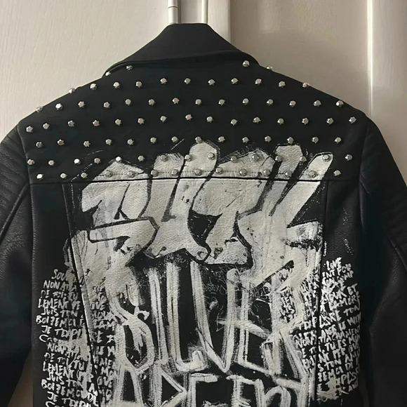 Zara graffiti leather studded biker jacket size XS - Picture 7 of 8